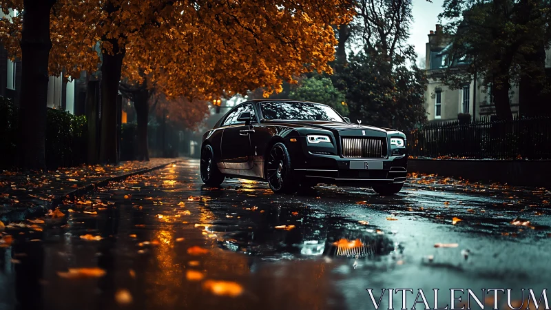 Midnight coupe glides through a rain glazed autumn avenue