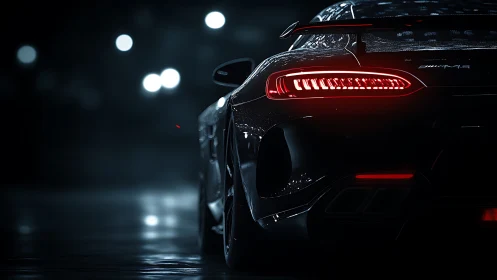 Rear view shows illuminated sports car taillights at night