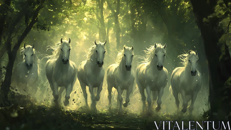 Galloping white horses traverse a sunlit forest corridor