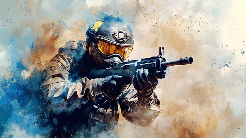 Brushstrokes freeze a tactical soldier mid digital firestorm