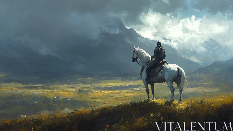 Rider on white horse overlooking vast stormy valley.