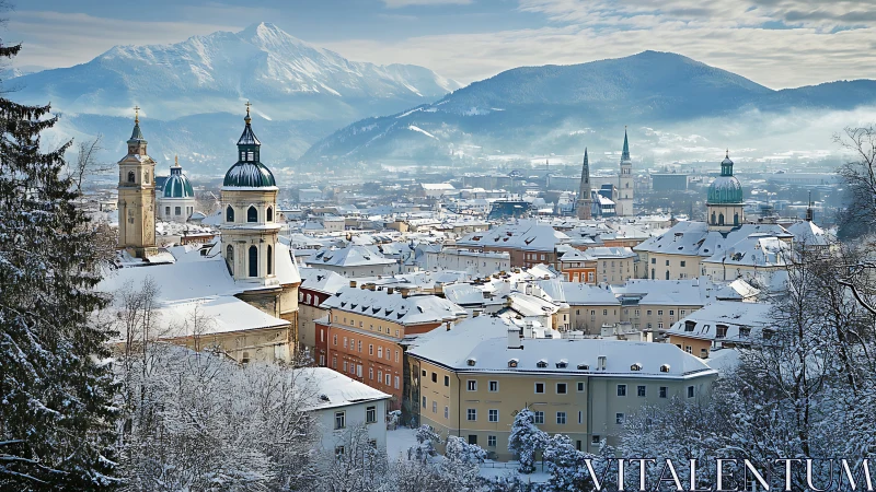 Snow-dusted alpine cityscape with church domes at dawn.
