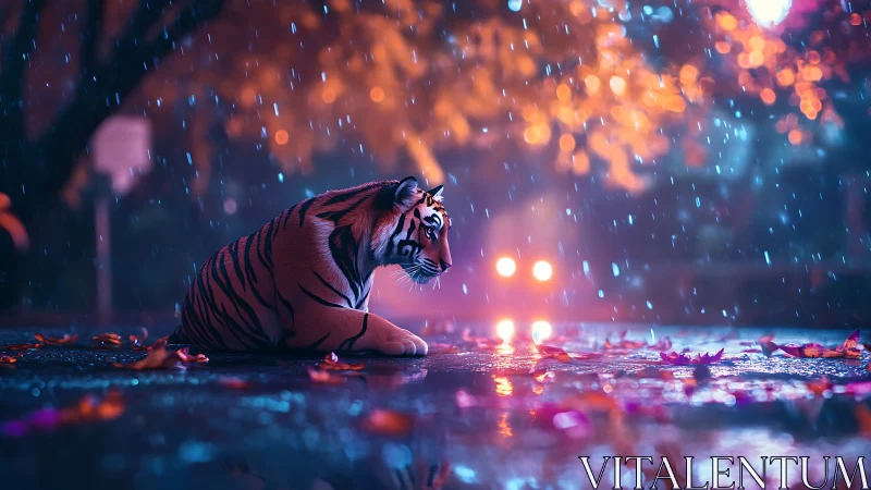 Neon lit tiger resting on rain soaked urban street at night.
