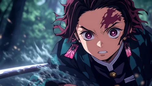 Anime swordsman with glowing eyes in forest setting.