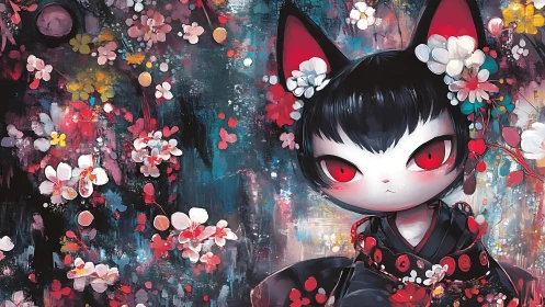 Cat-eared girl with red eyes stands amid painted blossoms