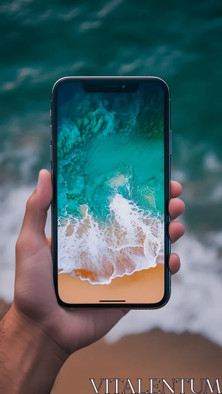 Smartphone displaying aerial beach composition with water and sand.