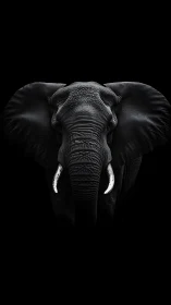 Elephant portrait dominates deep black negative space.