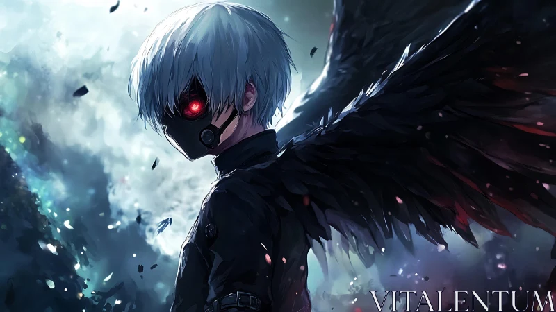 Masked winged character stands in stormy illuminated sky