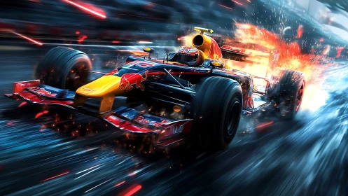 Formula race car accelerates through wet track with motion blur