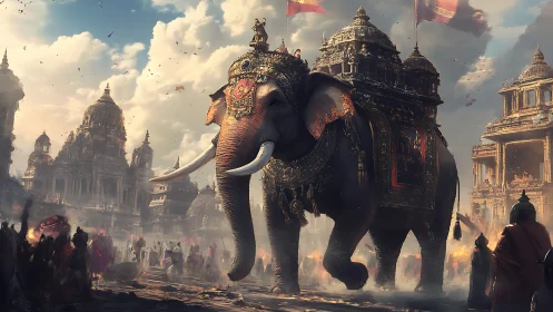 Majestic ceremonial elephant strides through a glowing palace city