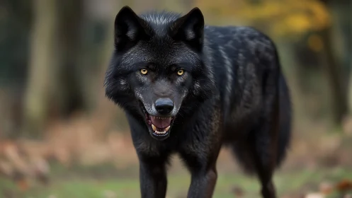 Mid-stride black wolf with intense golden gaze in forest.