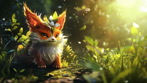 Small foxlike creature sits in sunlit forest clearing