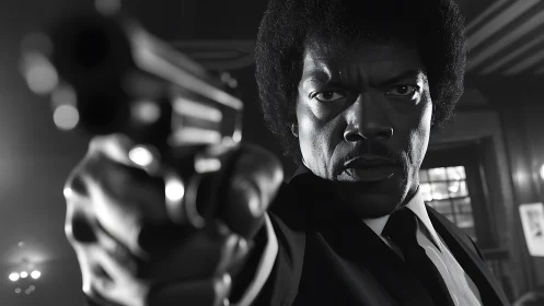 Intense man in suit aiming handgun in close foreground.