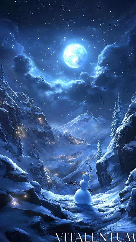 Moonstruck snowman gazes over star-swept winter valley.