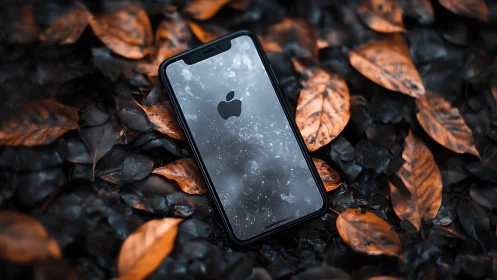 Apple iPhone positioned on charred fallen foliage with copper oxidation patina