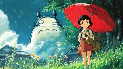 Rain-kissed forest guardian and girl under a ruby umbrella.