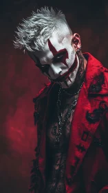 Edgy clown makeup portrait with red jacket and tattoos.