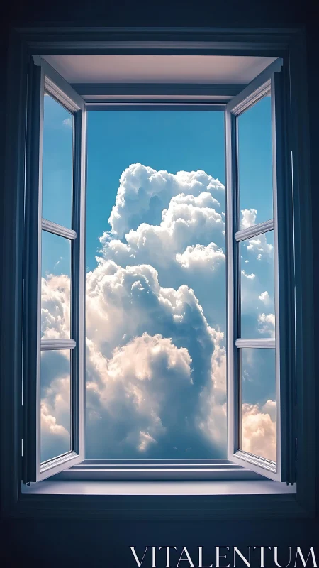 Open window framing bright cumulus cloudscape sky.