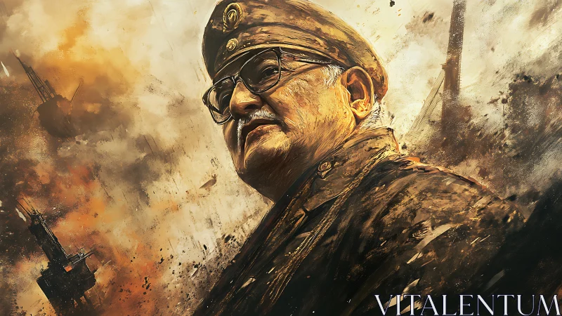 Elderly military officer stands amid burning industrial war