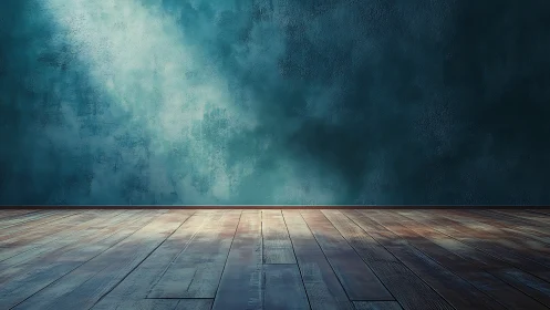 Empty interior with teal textured wall and wooden floor surface.