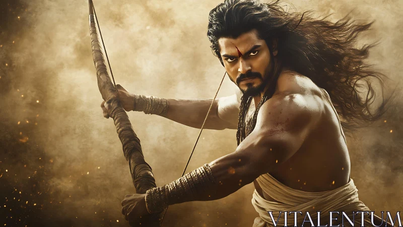 Warrior archer aims an arrow amid swirling golden dust.