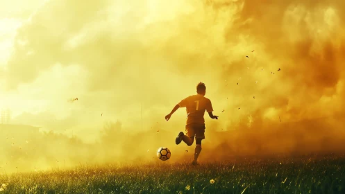 Backlit youth footballer advances through golden atmospheric haze