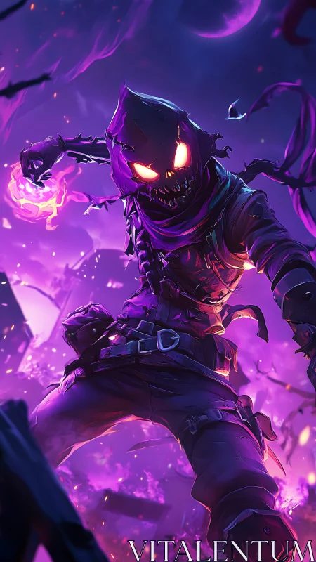 Hooded infernal scarecrow wields neon fire amid violet storm