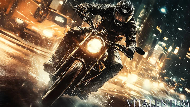 Motorcyclist rides through wet city street during rainfall