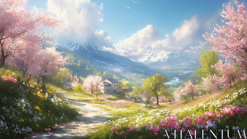 Spring valley village under flowering cherry hills. Period.