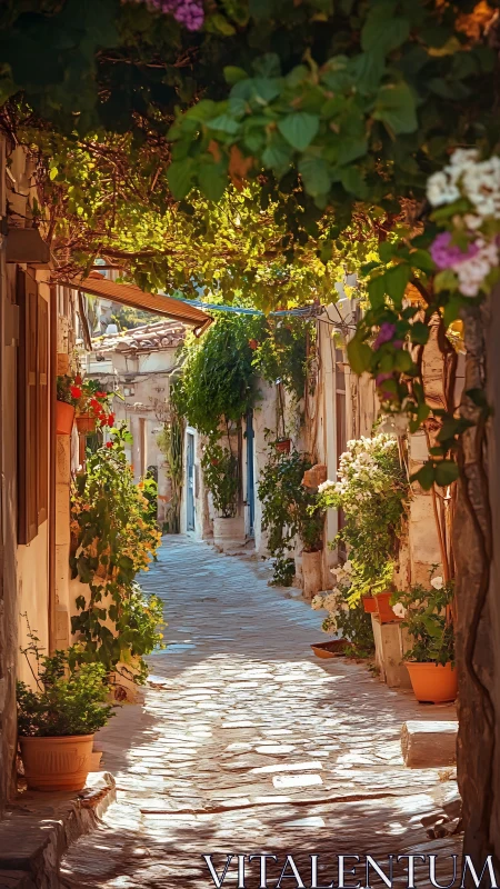 Sunlit Mediterranean alley framed by lush flowering vines.