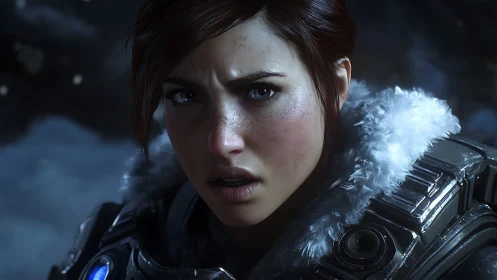 Armored woman confronts icy threat with intense resolve