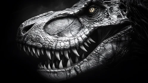 Monochrome close-up of predatory dinosaur head profile.