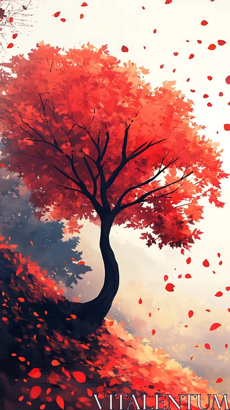 Crimson hillside tree sways while autumn leaves whirl upward