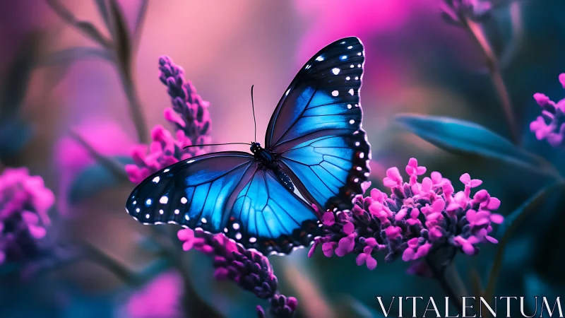 Digital painting of blue butterfly on magenta florals in bokeh field.