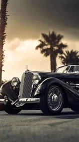 Sunset boulevard classic roadster under stormlit palms.