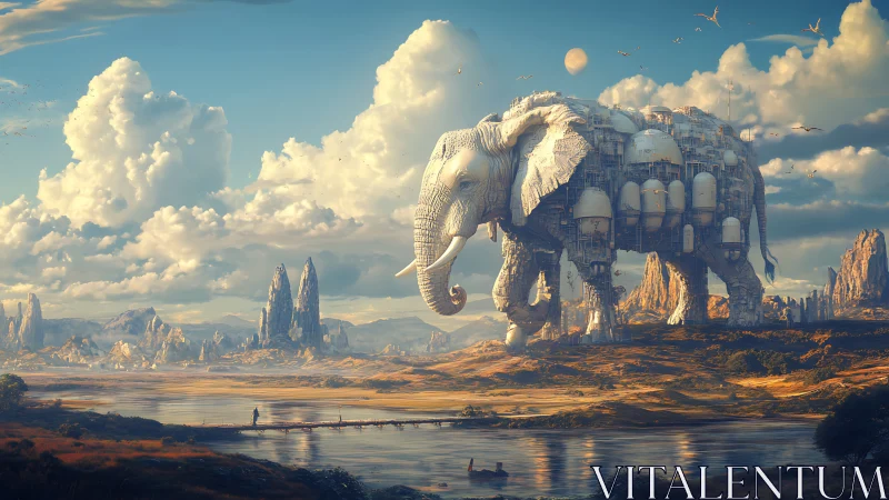 Colossal clockwork elephant carries a drifting sky-city home