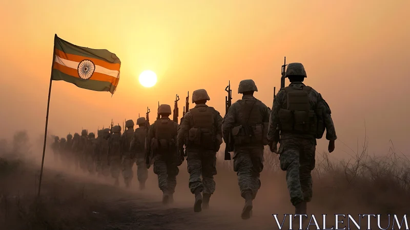 Indian soldiers march through dusty terrain at sunset.
