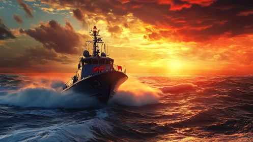 Patrol vessel cuts through sunset surf in cinematic seascape
