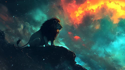 Majestic cosmic lion resting beneath glowing nebula sky.