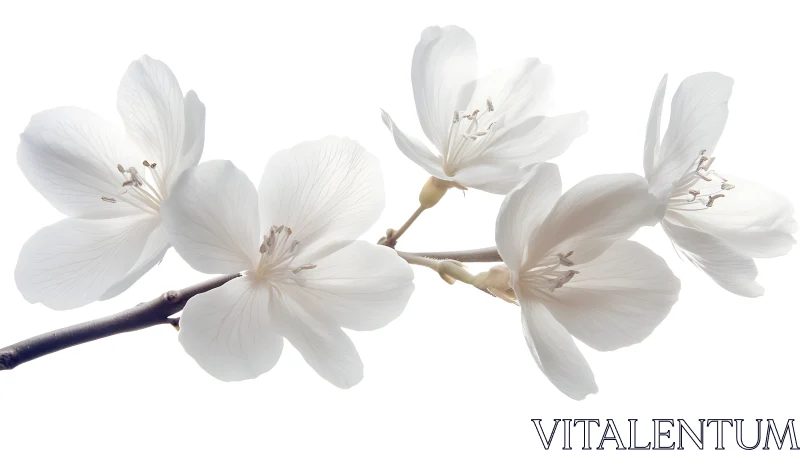 White flowers with five petals arranged on dark branches.