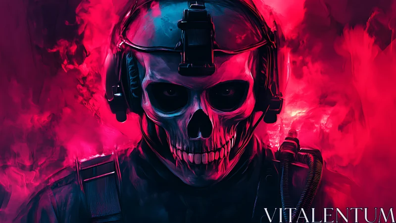 Tactical skull operator emerges from neon magenta smoke field