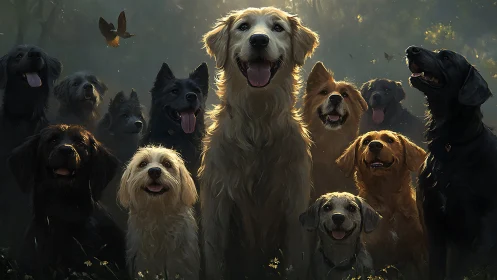 Digital painting of joyful dog pack in backlit forest tableau.