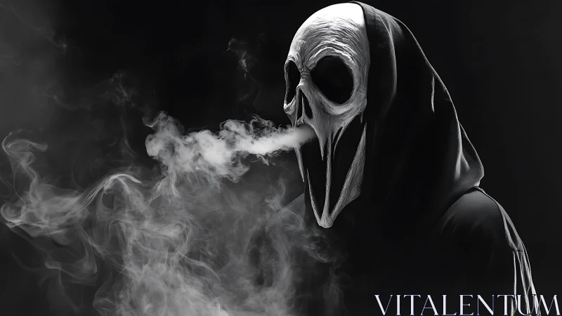 Hooded skull figure exhales dense vapor into dark space