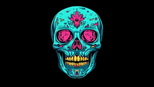 Neon turquoise skull with pink details on black background