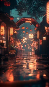 Rainy neon lantern alley glows with warm cinematic light