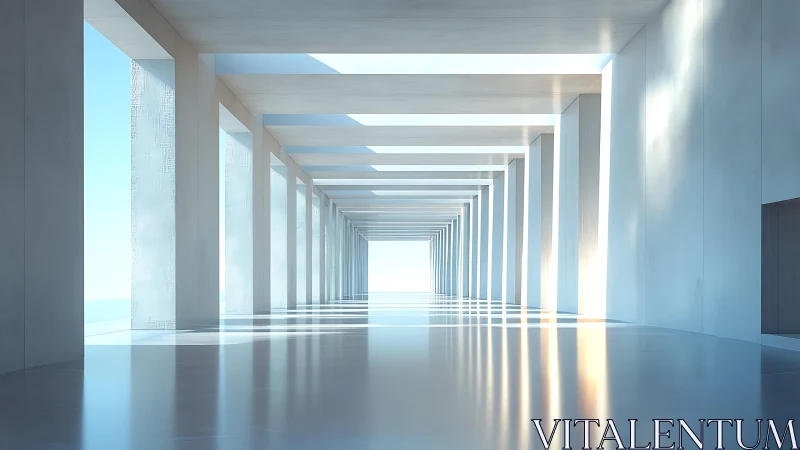 Minimalist Corridor with Geometric Columns and Skylight.