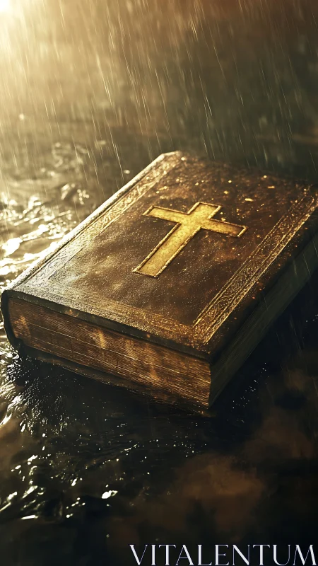 Weathered leather Bible with gold cross in dramatic rainfall