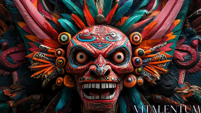 Multicolored carved skull mask with elaborate feather headdress.