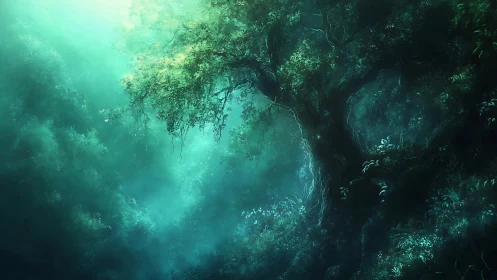 Mystical forest tree glows softly in misty emerald light
