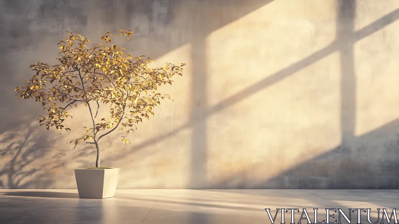 Sun-drowsy indoor tree basking in cathedral-soft light.